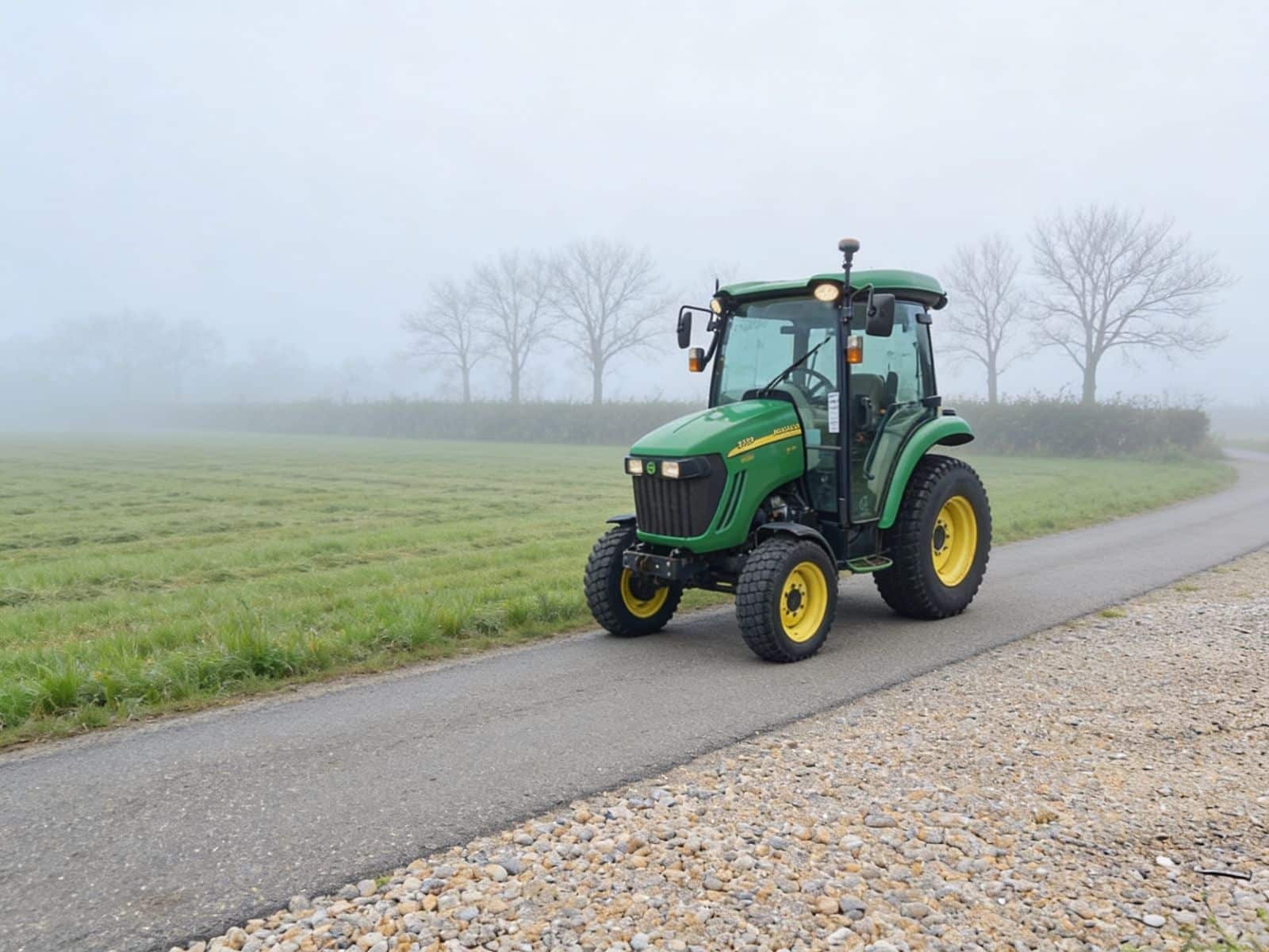 John Deere 3720 kompakttraktor parkeret på grusvej i dansk landskab — JJ Maskinudlejning
